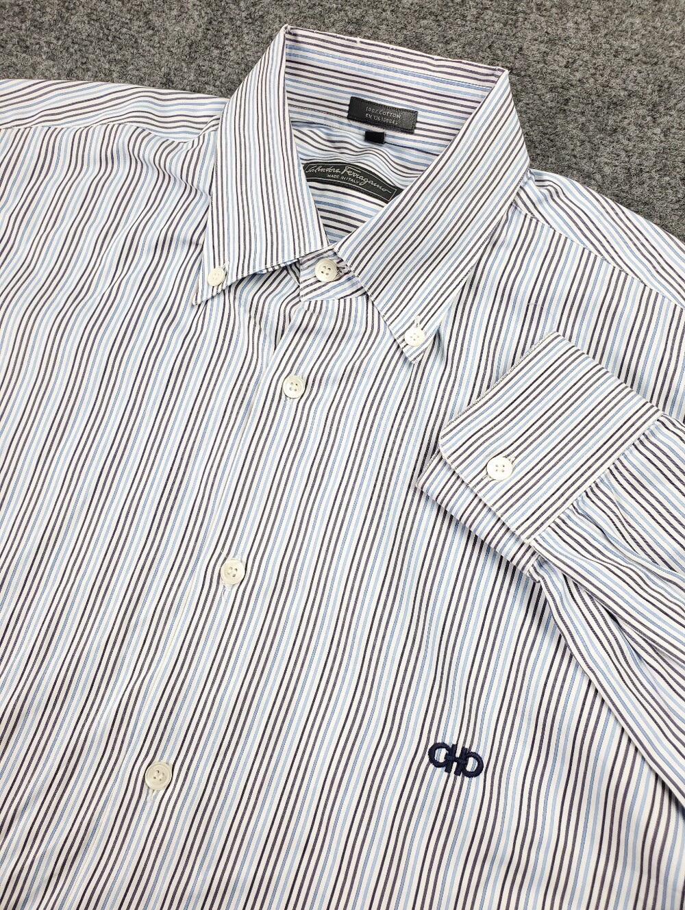 Salvatore Ferragamo Dress Shirt Large Blue White Striped Gancini Italy Cotton
